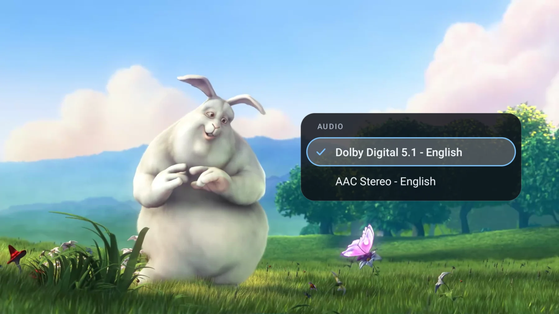 3DPlayer audio selection dialog over Big Buck Bunny playback